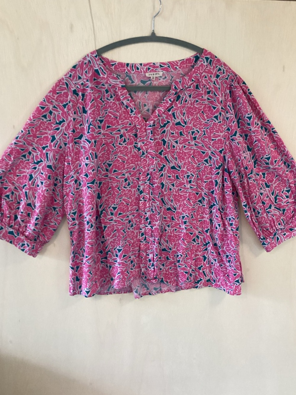 JODIFL Pink Floral V-Neck Puff Sleeve Peasant Blouse Womens M, Pink & Teal, Boho